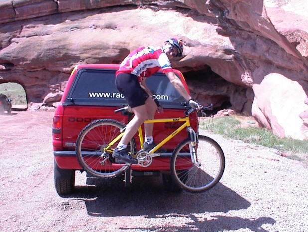 Evan on bike on rackstand